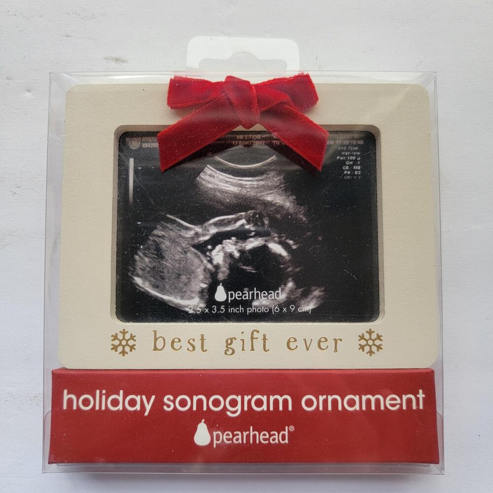 Pearhead Bauble Ornament Adults Small White Cardboard Velvet Plastic Sonogram